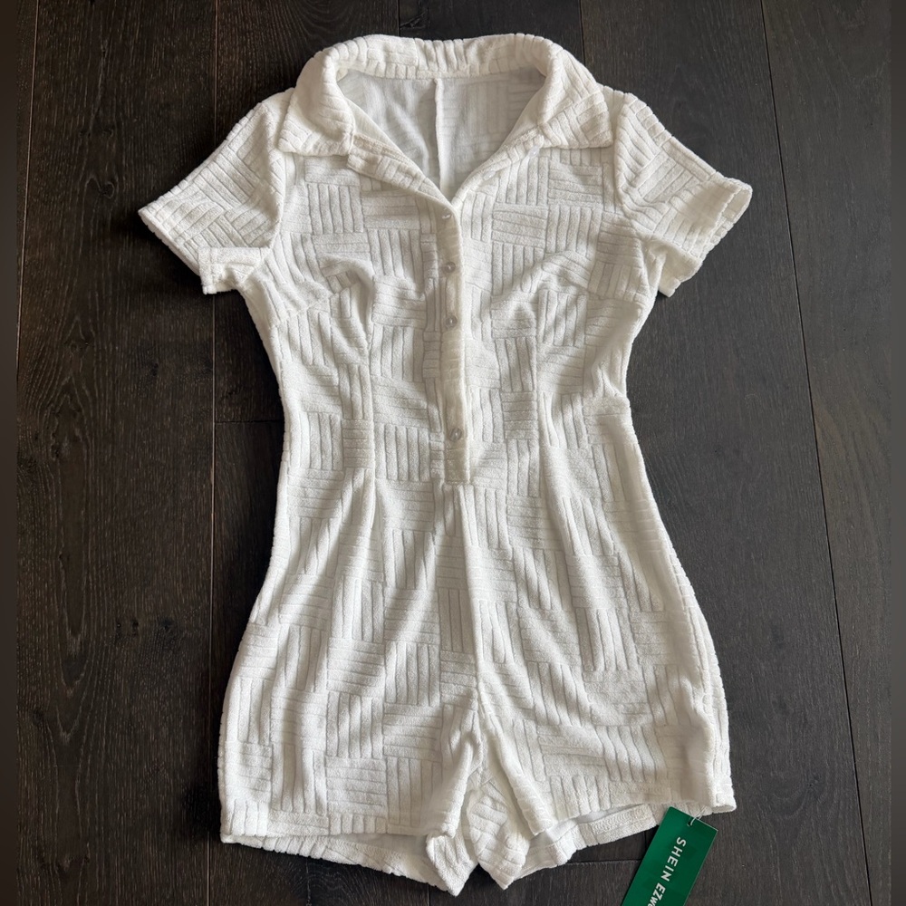 White Textured Short Sleeve Romper
